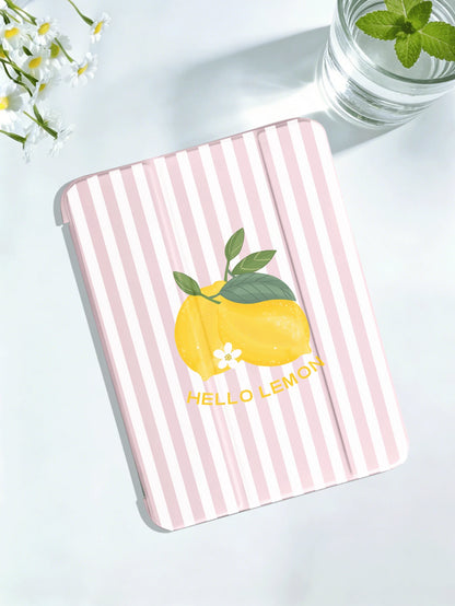 Striped&Lemon Pattern Tablet Protective Case, Compatible With IPad 7/8/9/10th/Pro 11/11th (A16) 2025, Galaxy Tab S6 Lite/ Galaxy Tab A11+ 2025, Offers Soft Shock-Proof Protection, Supports Smart St