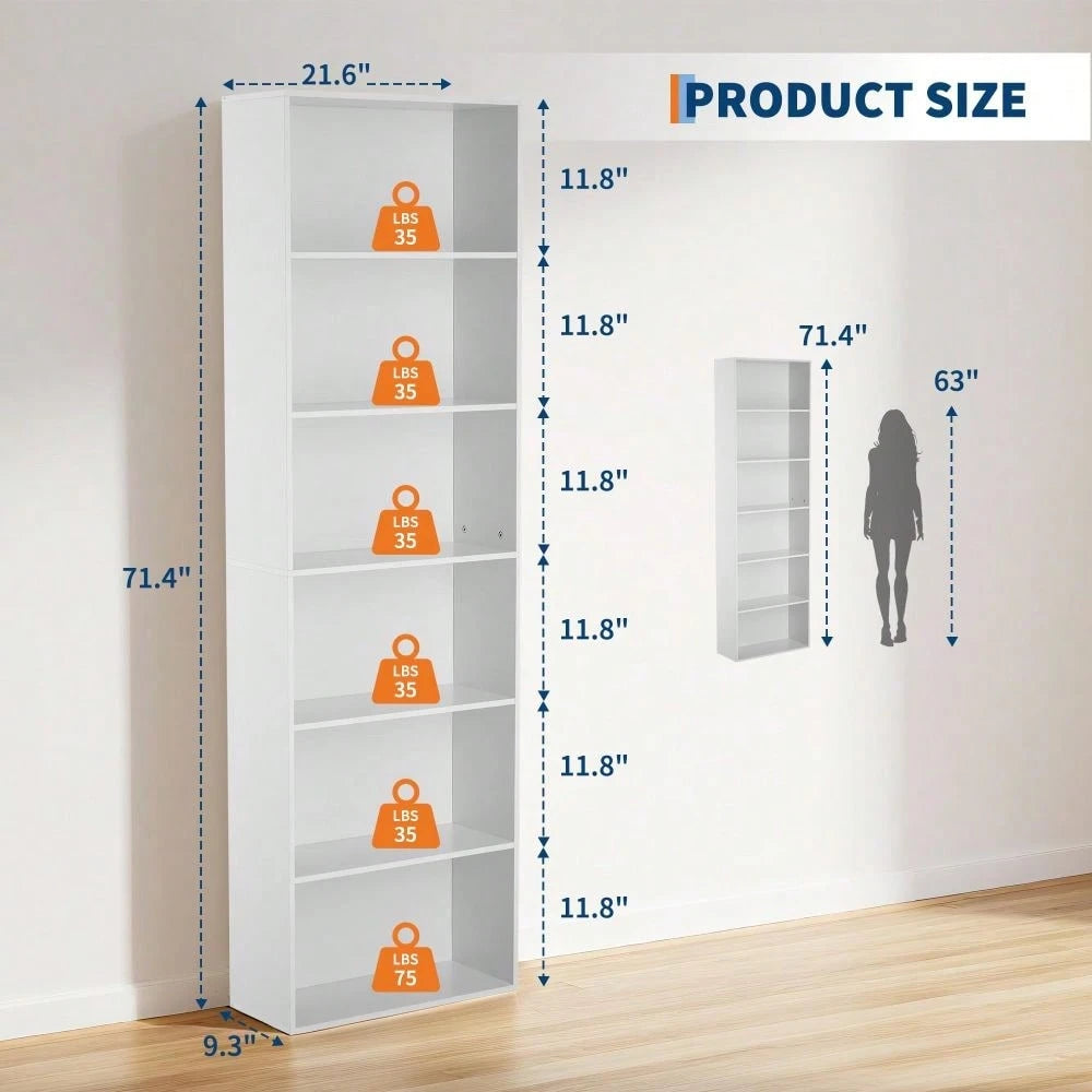 Studyset 6 Tiers Tall Bookcase,Display Storage Shelves 70" Tall Bookcase Book Shelves Wooden Bookshelves For Home Office, Living Room, Bed Room