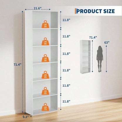 Studyset 6 Tiers Tall Bookcase,Display Storage Shelves 70" Tall Bookcase Book Shelves Wooden Bookshelves For Home Office, Living Room, Bed Room