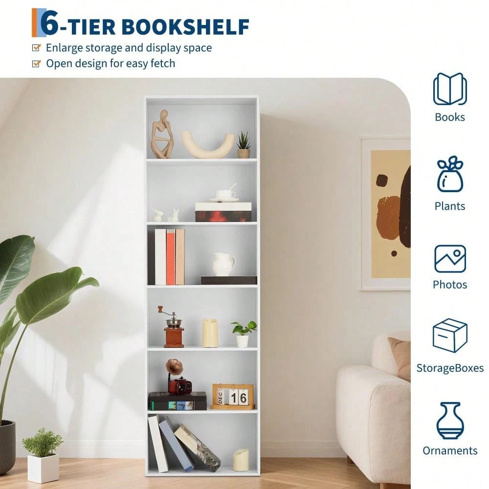 Studyset 6 Tiers Tall Bookcase,Display Storage Shelves 70" Tall Bookcase Book Shelves Wooden Bookshelves For Home Office, Living Room, Bed Room