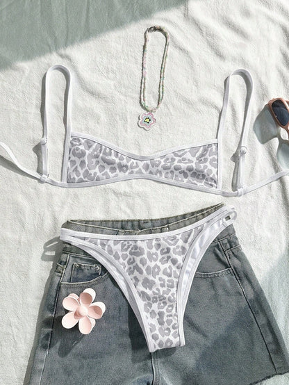 Swim Mod Women's Leopard Print Spaghetti Strap Bikini Set,2 Pieces White Swimwear For Summer,Casual Holiday,Pool Party,Vacation,Beach California Outfits