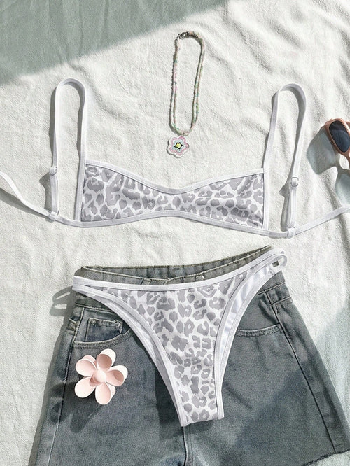 Swim Mod Women's Leopard Print Spaghetti Strap Bikini Set,2 Pieces White Swimwear For Summer,Casual Holiday,Pool Party,Vacation,Beach California Outfits