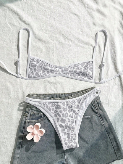 Swim Mod Women's Leopard Print Spaghetti Strap Bikini Set,2 Pieces White Swimwear For Summer,Casual Holiday,Pool Party,Vacation,Beach California Outfits