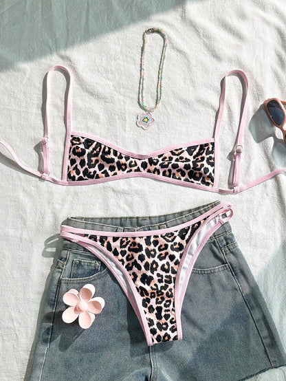 Swim Mod Women's Leopard Print Spaghetti Strap Bikini Set,2 Pieces White Swimwear For Summer,Casual Holiday,Pool Party,Vacation,Beach California Outfits