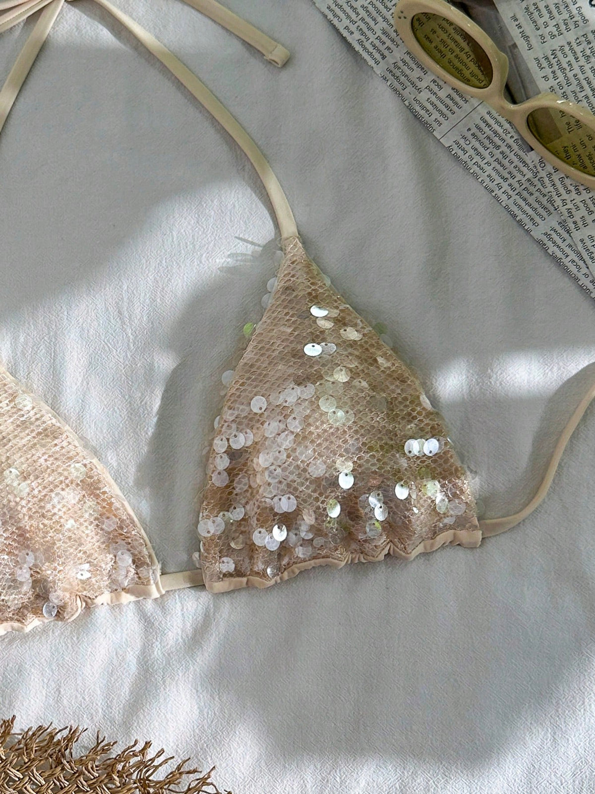 Swim Vcay Sequin Textured Halter Triangle Cup Bikini Top, Women Sparkly Glitter Swimwear Separates For 70s Retro Beach Summer Holiday Party Holiday Beige