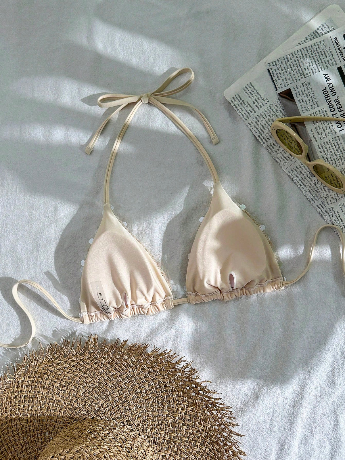 Swim Vcay Sequin Textured Halter Triangle Cup Bikini Top, Women Sparkly Glitter Swimwear Separates For 70s Retro Beach Summer Holiday Party Holiday Beige