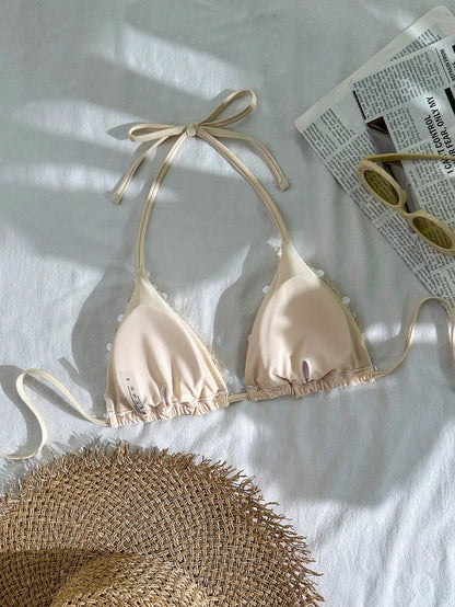 Swim Vcay Sequin Textured Halter Triangle Cup Bikini Top, Women Sparkly Glitter Swimwear Separates For 70s Retro Beach Summer Holiday Party Holiday Beige