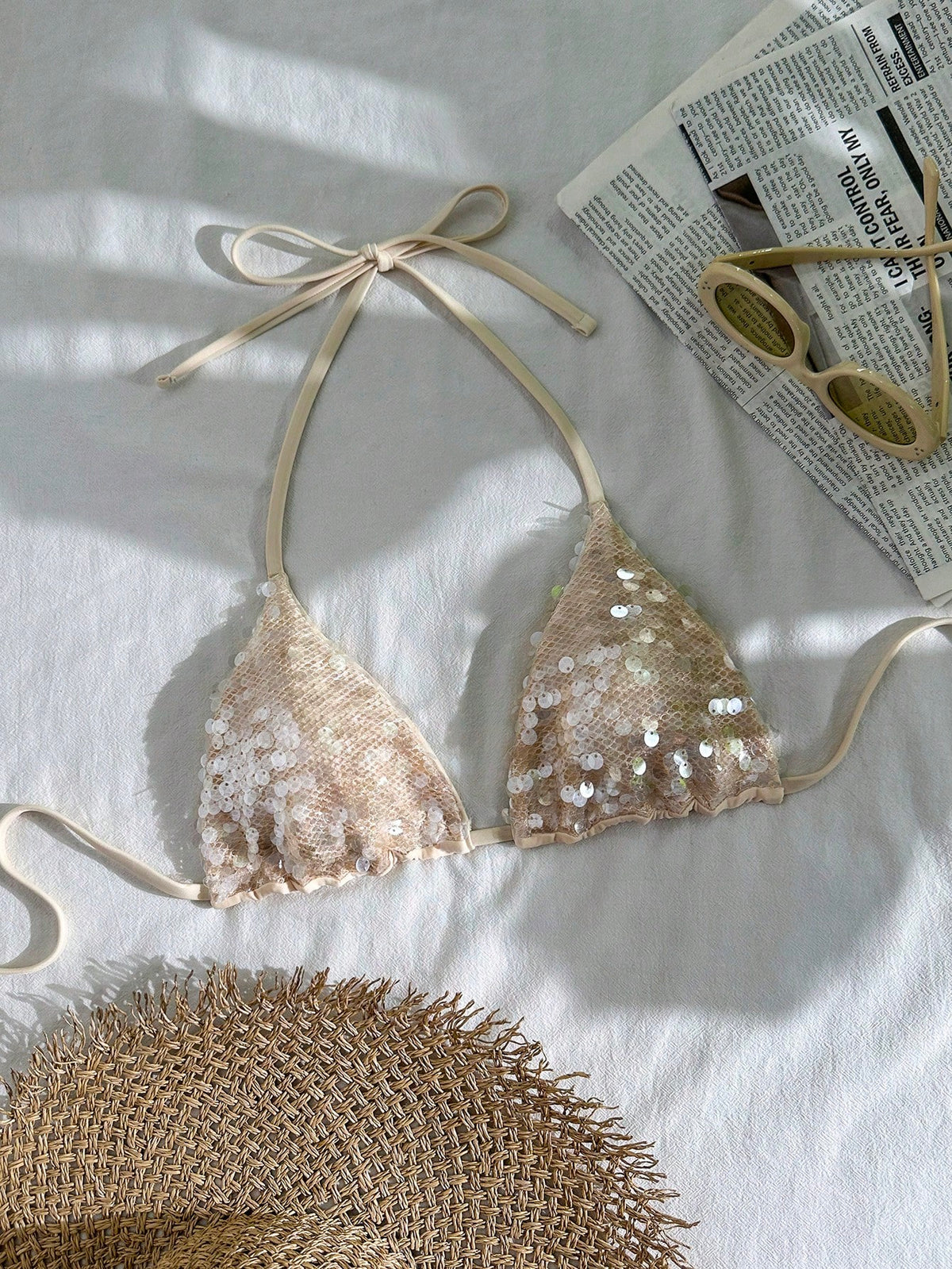 Swim Vcay Sequin Textured Halter Triangle Cup Bikini Top, Women Sparkly Glitter Swimwear Separates For 70s Retro Beach Summer Holiday Party Holiday Beige