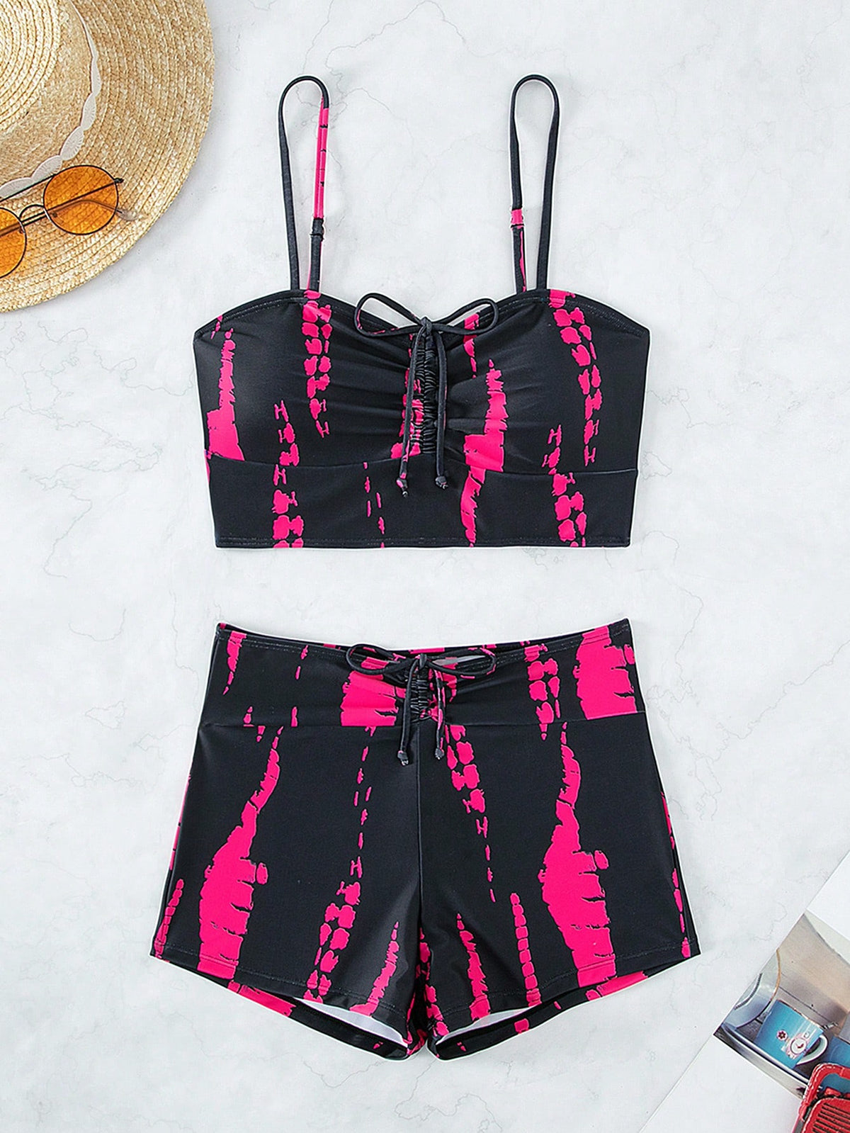 Swim Vcay Tie Dye Drawstring Front Bikini,Summer Beach