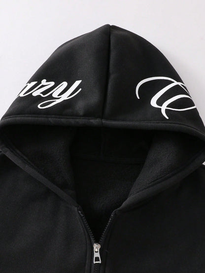Teen Boy All-Match Pattern Print Multi-Function Hooded Zip-Up Sweatshirt