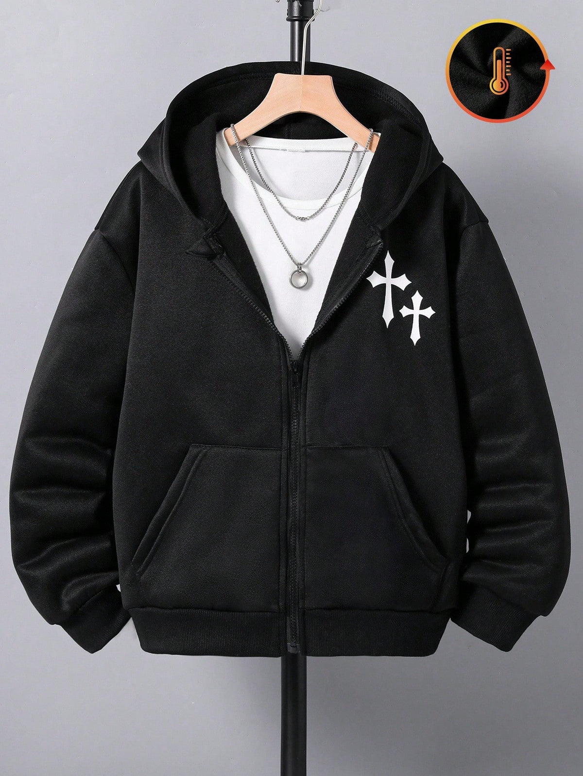 Teen Boy All-Match Pattern Print Multi-Function Hooded Zip-Up Sweatshirt