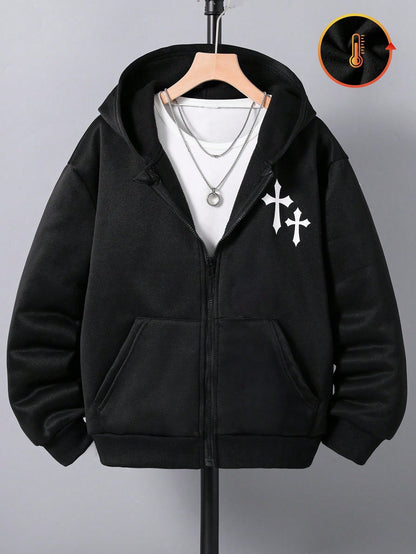 Teen Boy All-Match Pattern Print Multi-Function Hooded Zip-Up Sweatshirt
