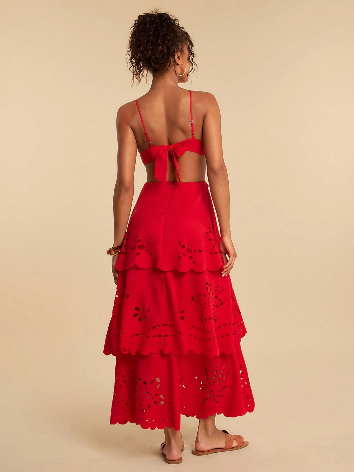 Travachic Solid Color Woven Multi-Layer Ruffle Hem Spaghetti Strap Backless Dress For Women, Spring/Summer,Summer Dresses For Women