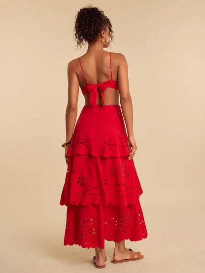 Travachic Solid Color Woven Multi-Layer Ruffle Hem Spaghetti Strap Backless Dress For Women, Spring/Summer,Summer Dresses For Women