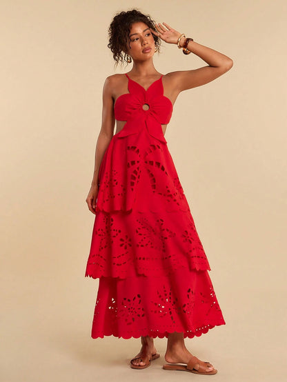 Travachic Solid Color Woven Multi-Layer Ruffle Hem Spaghetti Strap Backless Dress For Women, Spring/Summer,Summer Dresses For Women