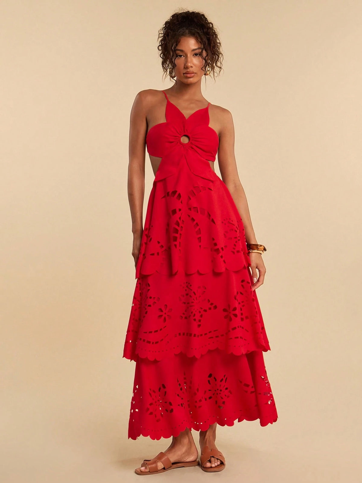 Travachic Solid Color Woven Multi-Layer Ruffle Hem Spaghetti Strap Backless Dress For Women, Spring/Summer,Summer Dresses For Women