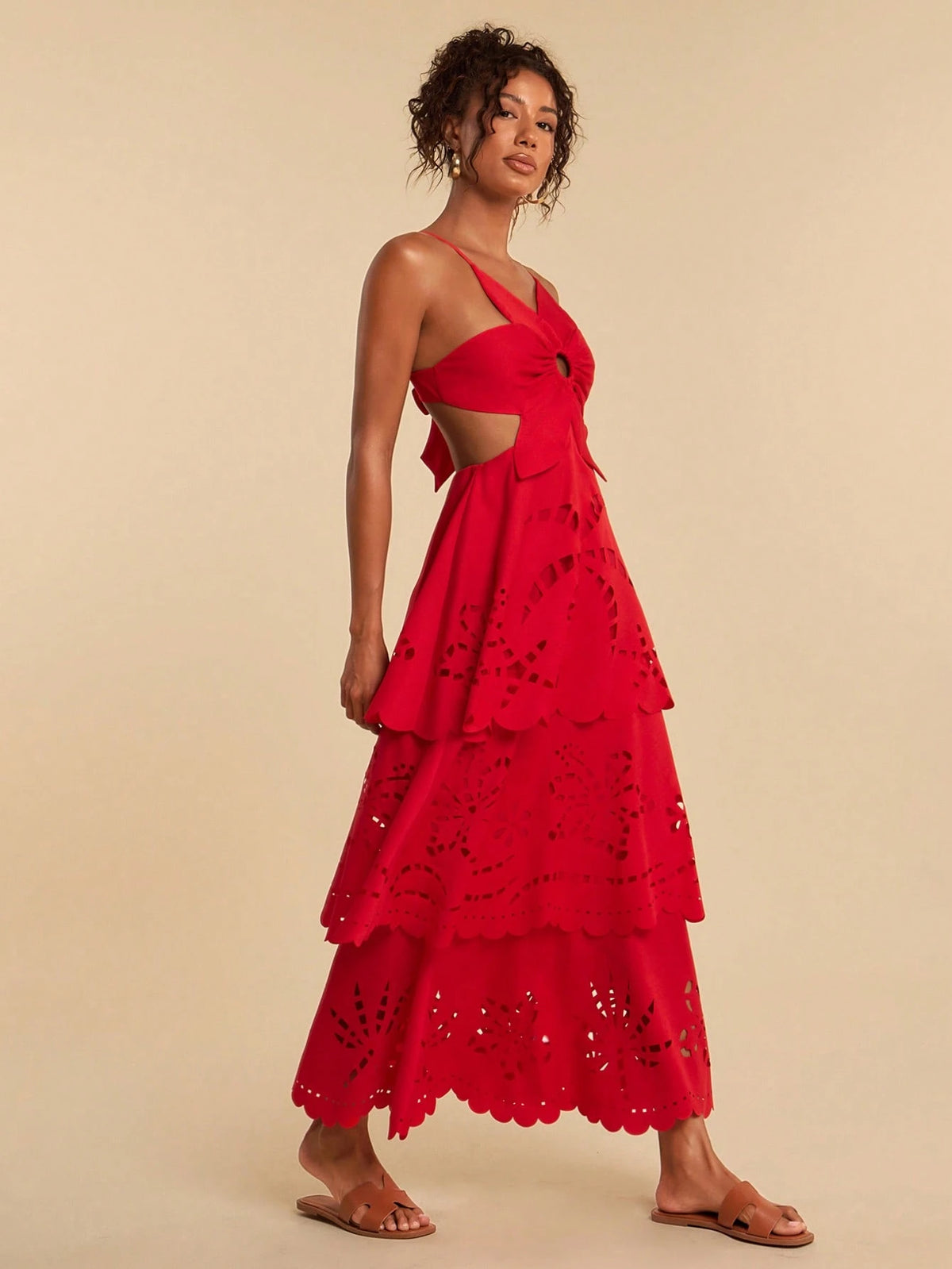 Travachic Solid Color Woven Multi-Layer Ruffle Hem Spaghetti Strap Backless Dress For Women, Spring/Summer,Summer Dresses For Women