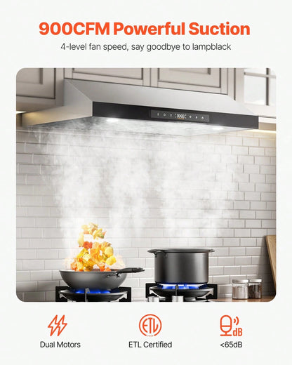 Under Cabinet Range Hood, 30 Inch Kitchen Vent Hood, 900CFM Dual Motors Stainless Steel Stove Hood, With Gesture & Touch Control, LED Light, And 4-Speed Exhaust Fan