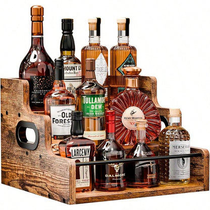 Upgraded 3-Tier Rustic Wood Wine Rack, Liquor Bottle Holder With Safety Rail & Handle, Countertop Storage Organizer For Home Bar & Kitchen