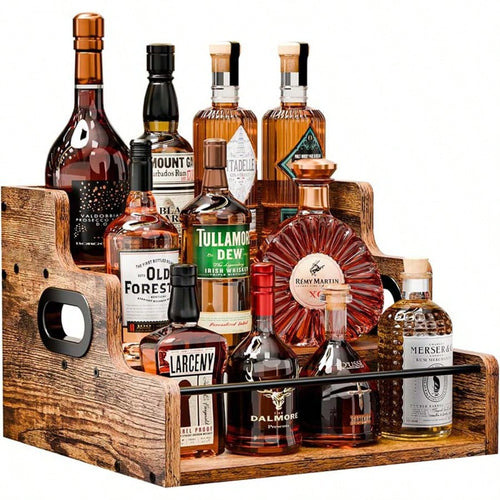 Upgraded 3-Tier Rustic Wood Wine Rack, Liquor Bottle Holder With Safety Rail & Handle, Countertop Storage Organizer For Home Bar & Kitchen