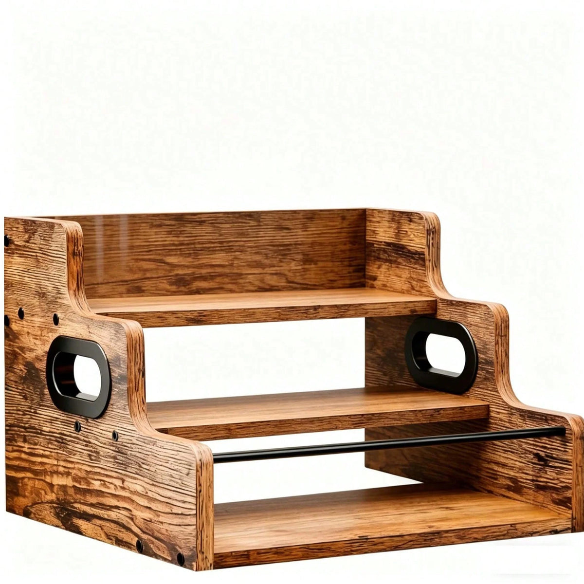 Upgraded 3-Tier Rustic Wood Wine Rack, Liquor Bottle Holder With Safety Rail & Handle, Countertop Storage Organizer For Home Bar & Kitchen