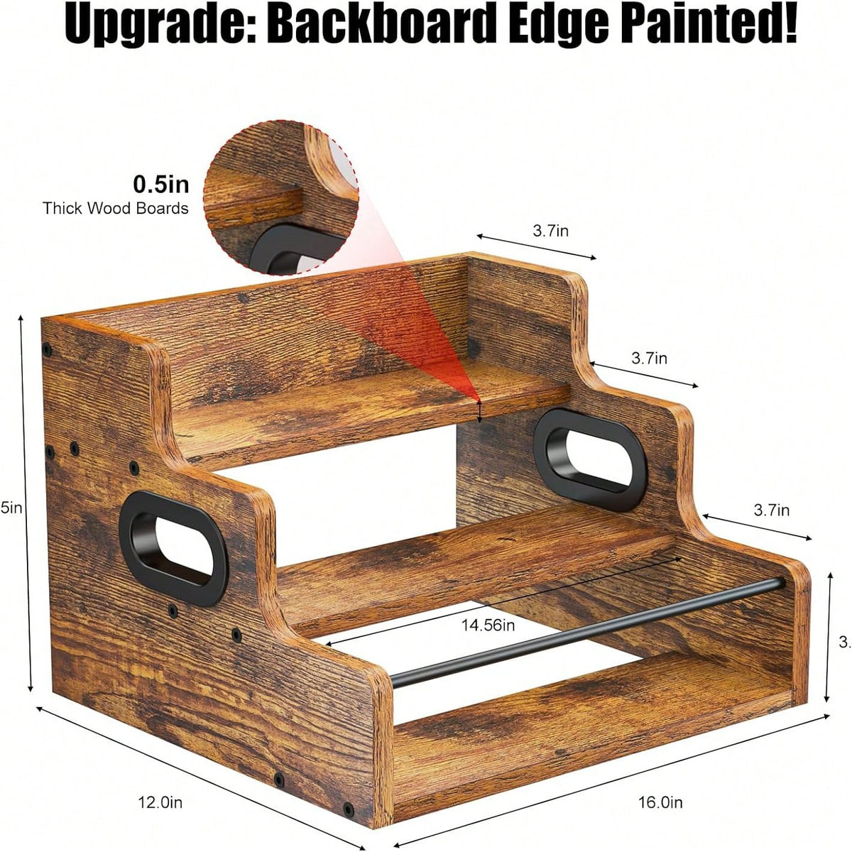 Upgraded 3-Tier Rustic Wood Wine Rack, Liquor Bottle Holder With Safety Rail & Handle, Countertop Storage Organizer For Home Bar & Kitchen