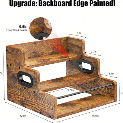 Upgraded 3-Tier Rustic Wood Wine Rack, Liquor Bottle Holder With Safety Rail & Handle, Countertop Storage Organizer For Home Bar & Kitchen