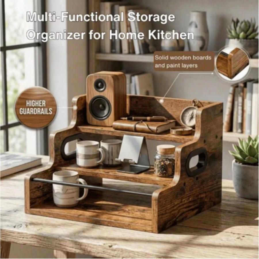 Upgraded 3-Tier Rustic Wood Wine Rack, Liquor Bottle Holder With Safety Rail & Handle, Countertop Storage Organizer For Home Bar & Kitchen
