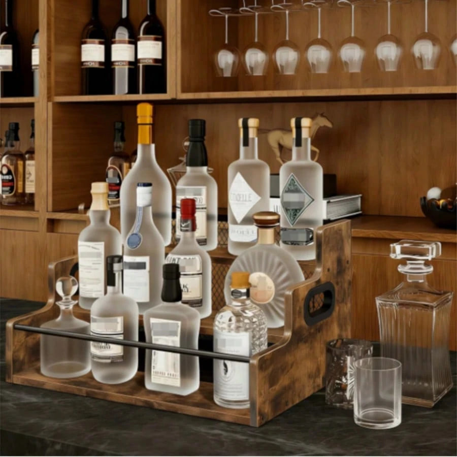 Upgraded 3-Tier Rustic Wood Wine Rack, Liquor Bottle Holder With Safety Rail & Handle, Countertop Storage Organizer For Home Bar & Kitchen