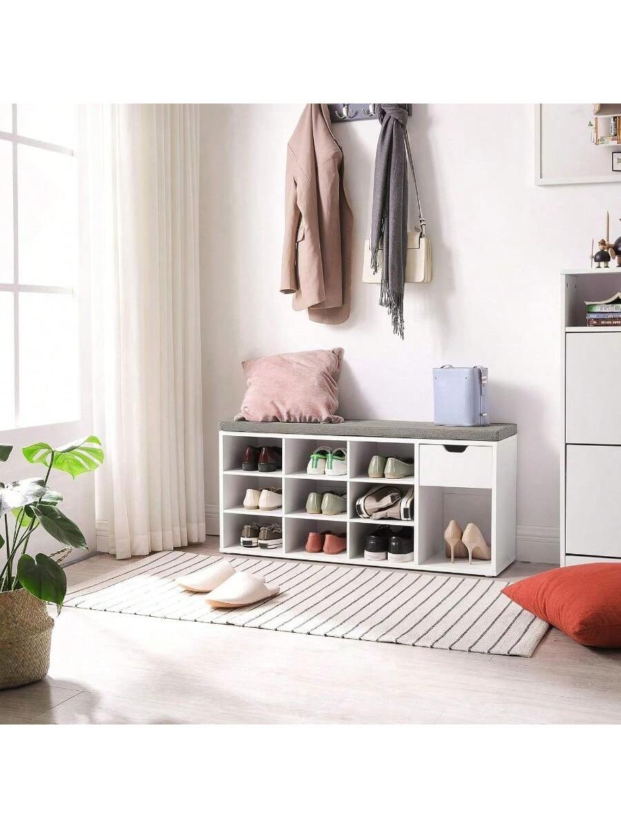 VASAGLE Storage Bench, Entryway Bench With Cushion, Drawer And Open Compartments, Bench With Storage, For Living Room, Bedroom, Closet