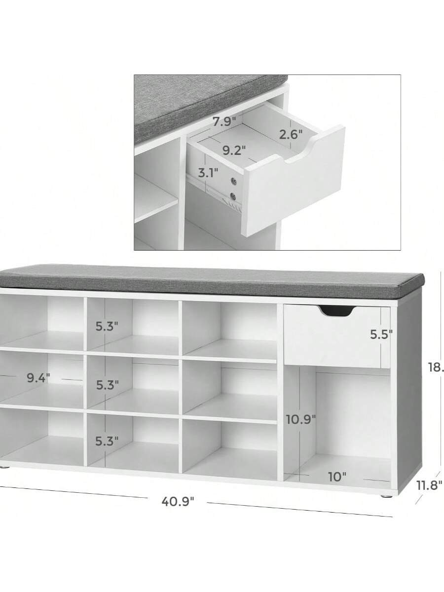 VASAGLE Storage Bench, Entryway Bench With Cushion, Drawer And Open Compartments, Bench With Storage, For Living Room, Bedroom, Closet