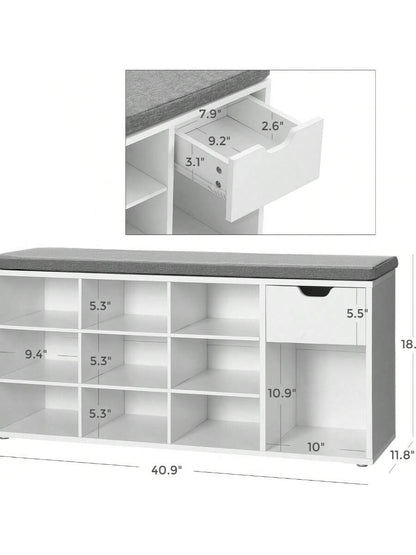 VASAGLE Storage Bench, Entryway Bench With Cushion, Drawer And Open Compartments, Bench With Storage, For Living Room, Bedroom, Closet