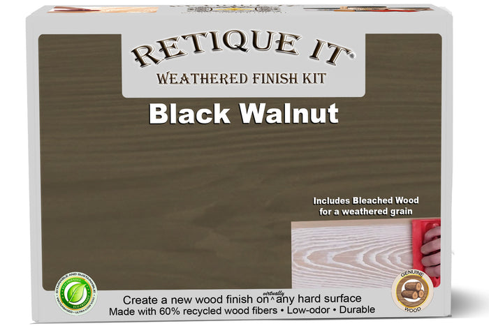 Retique It Weathered Finish Kit in Black Walnut, showcasing wood finish samples with a weathered, rustic appearance.