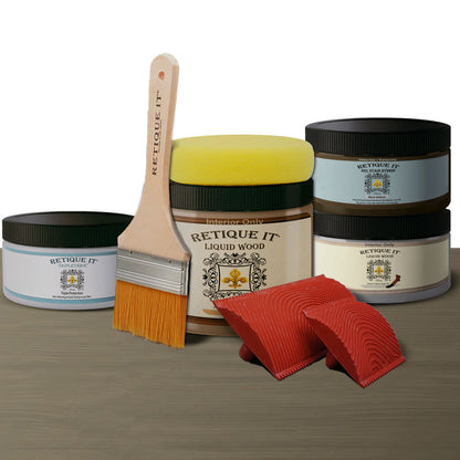 Retique It Weathered Finish Kit in Black Walnut showing wood finishes and tools for creating a weathered look on wood surfaces.