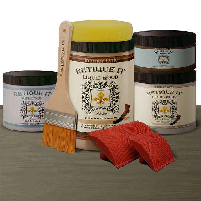 Retique It Weathered Finish Kit in Black Walnut with a weathered, aged wood effect for furniture and decor projects.