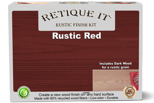 Rustic red weathered finish kit by Retique It for wood projects, featuring textured, aged wood appearance with natural rustic details.