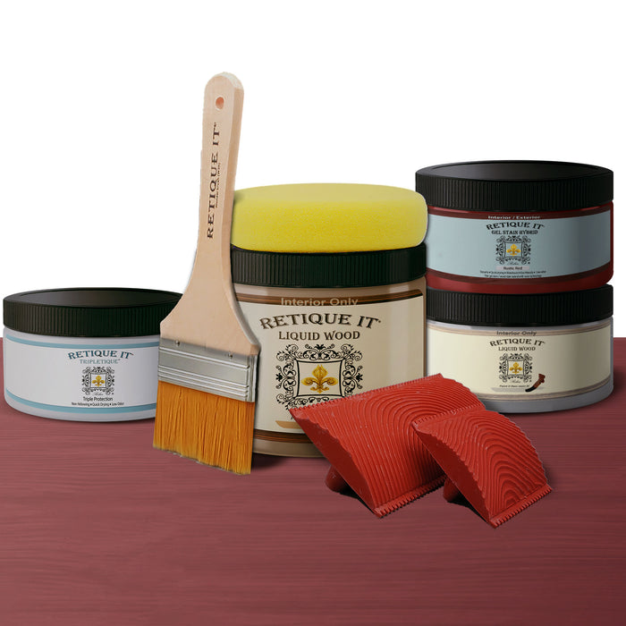 Retique It Weathered Finish Kit in Rustic Red with bleached wood textures, showcasing wood finish products.