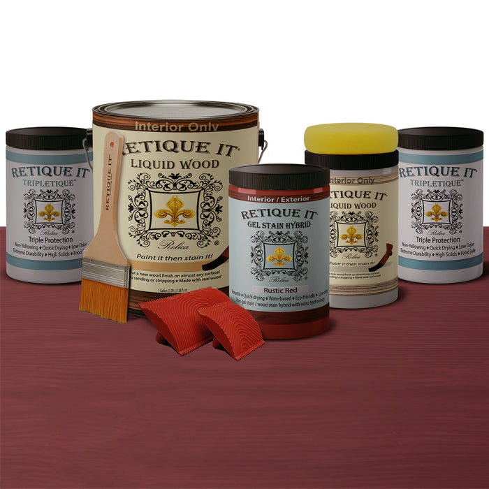 Retique It Weathered Finish Kit in Rustic Red with bleached wood textures and weathered, rustic red finish on wood surfaces.