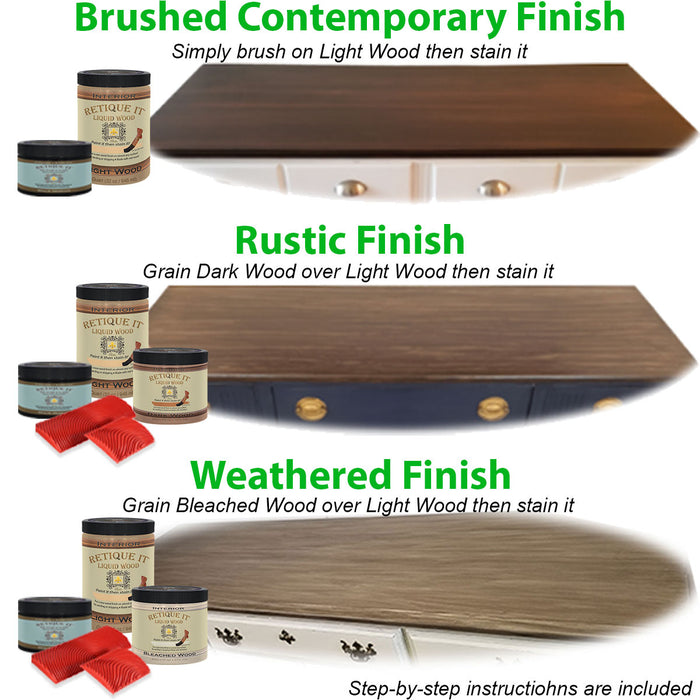 Retique It Weathered Finish Kit in Rustic Red for wood finishes, showing textured, weathered wood with rustic red tones.