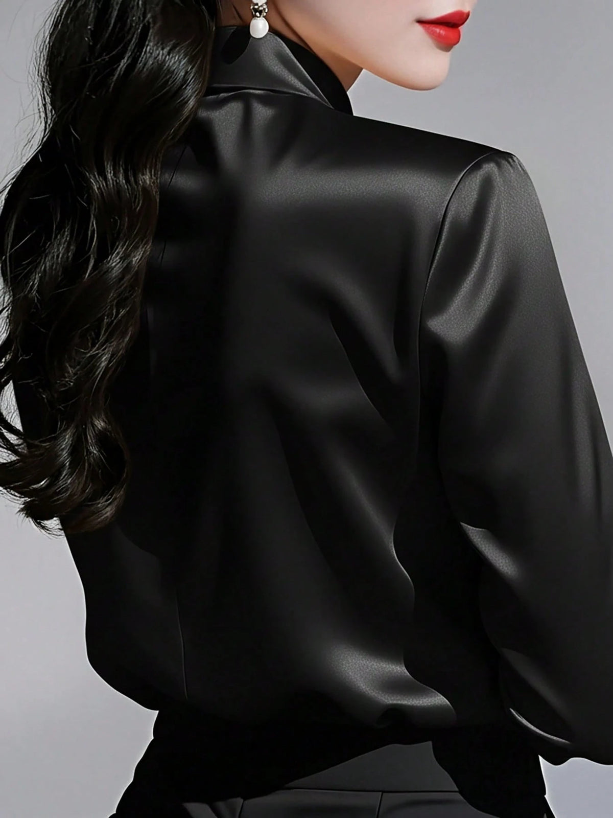 Women's Solid Color Collared Long Sleeve Shirt, Fashionable Elegant Office Commute Versatile Long Sleeve Blouse Black Spring