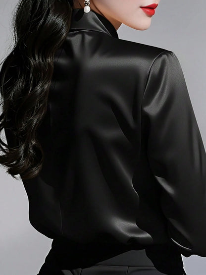 Women's Solid Color Collared Long Sleeve Shirt, Fashionable Elegant Office Commute Versatile Long Sleeve Blouse Black Spring