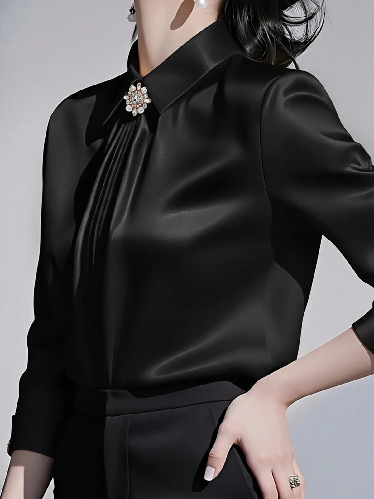 Women's Solid Color Collared Long Sleeve Shirt, Fashionable Elegant Office Commute Versatile Long Sleeve Blouse Black Spring