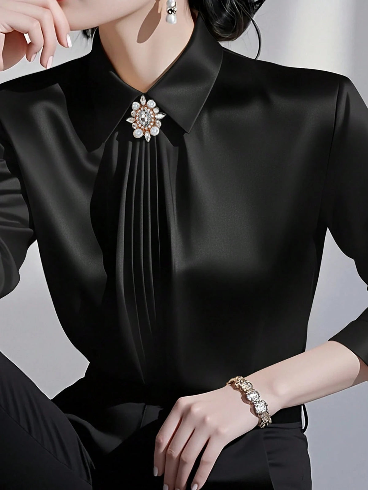 Women's Solid Color Collared Long Sleeve Shirt, Fashionable Elegant Office Commute Versatile Long Sleeve Blouse Black Spring