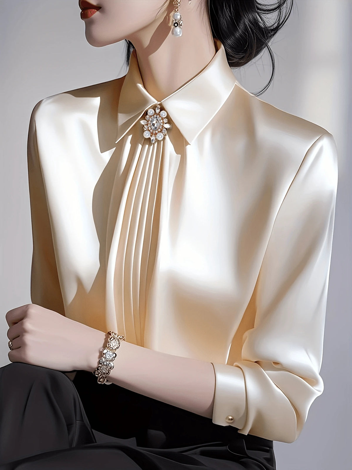 Women's Solid Color Collared Long Sleeve Shirt, Fashionable Elegant Office Commute Versatile Long Sleeve Blouse Black Spring