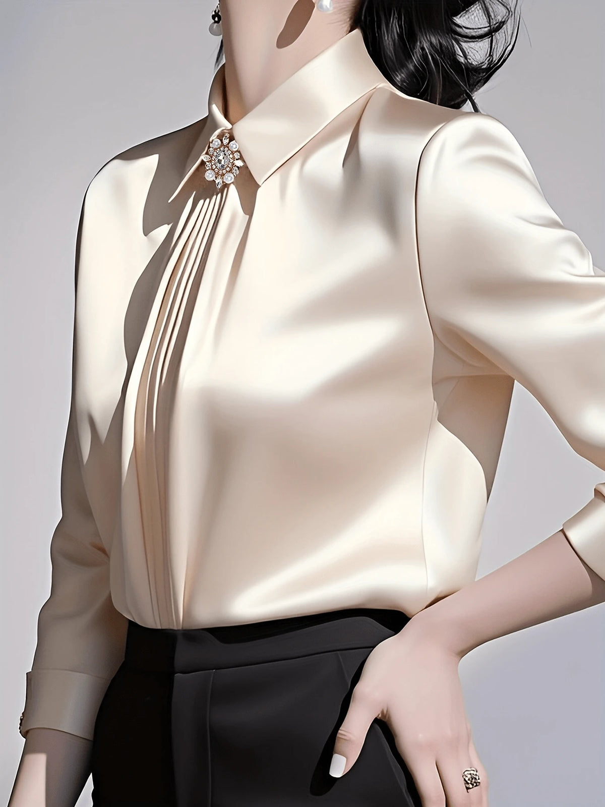 Women's Solid Color Collared Long Sleeve Shirt, Fashionable Elegant Office Commute Versatile Long Sleeve Blouse Black Spring