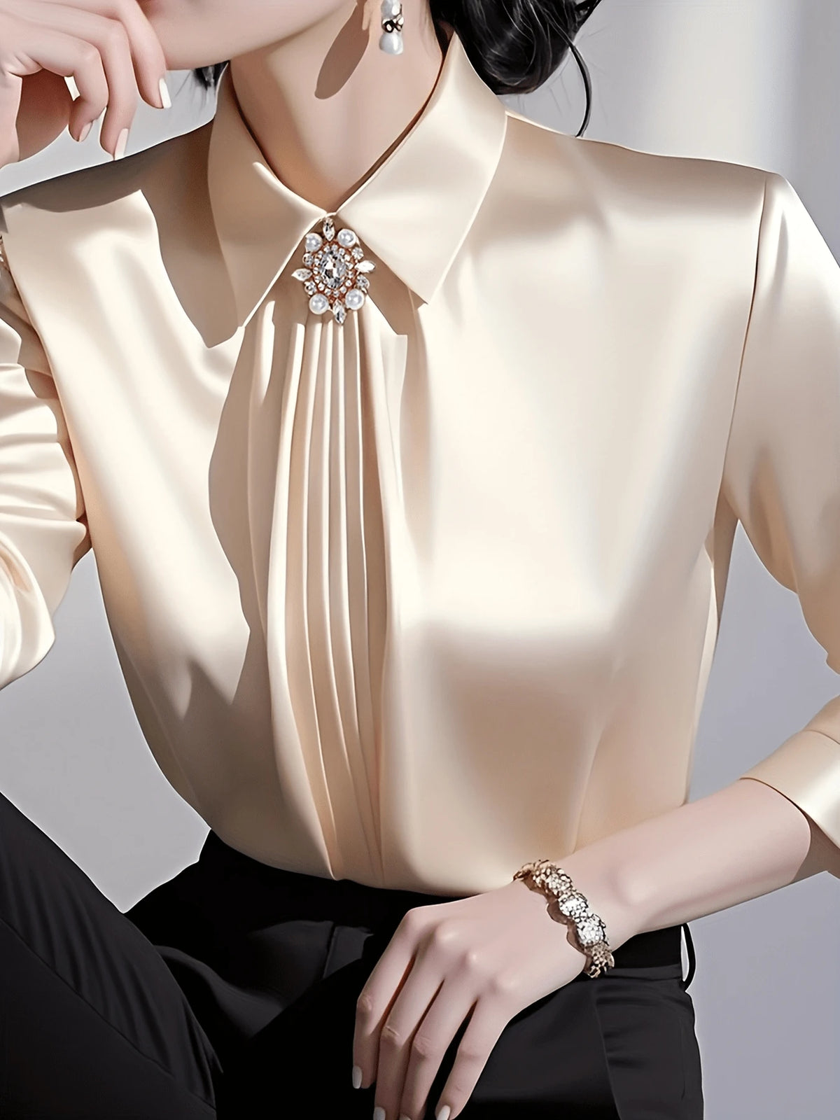 Women's Solid Color Collared Long Sleeve Shirt, Fashionable Elegant Office Commute Versatile Long Sleeve Blouse Black Spring