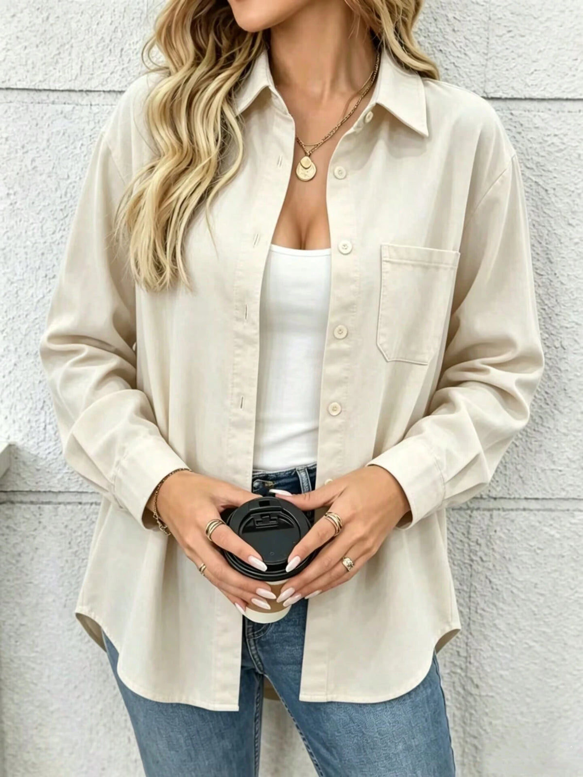 Women's Solid Color Pocket Front Button Casual Shirt, Spring