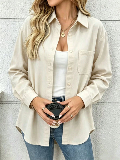 Women's Solid Color Pocket Front Button Casual Shirt, Spring