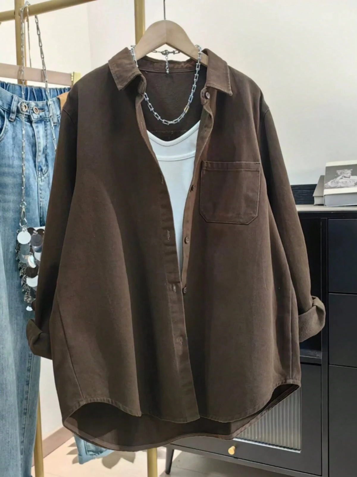 Women's Solid Color Pocket Front Button Casual Shirt, Spring