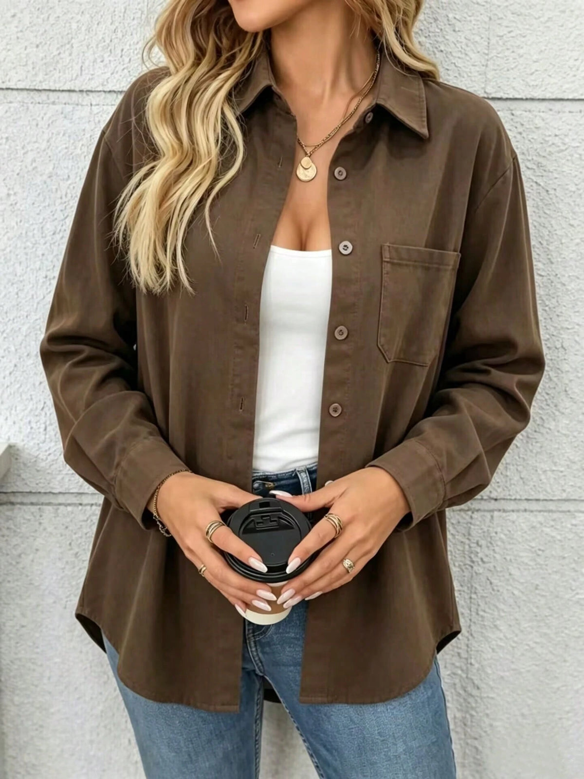 Women's Solid Color Pocket Front Button Casual Shirt, Spring